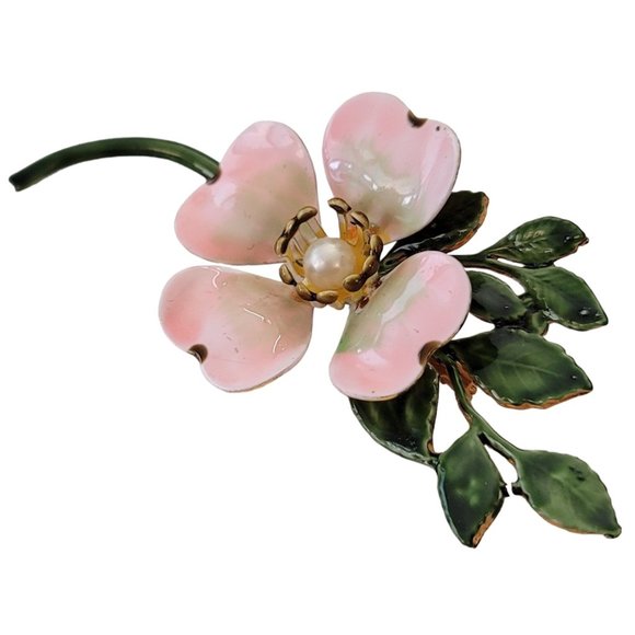Original By Robert Pink Green Enamel Faux Pearl Dogwood Flower Stem Brooch E239 - Picture 3 of 11